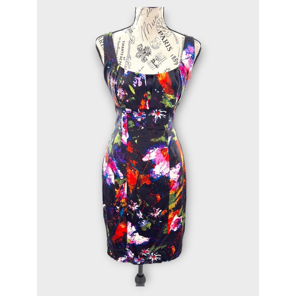 David Meister Silk Blend Sheath Dress 6 Black Floral Abstract Print Cocktail Art